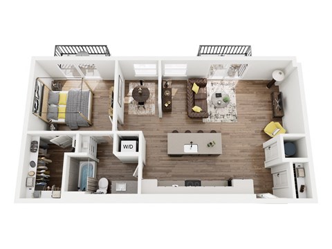 Floor plan for 1 bed, 1 bath, 886 sqft
